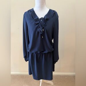 Promod Navy Blue Long Sleeve Mini Dress with Ruffle Detail Size 8